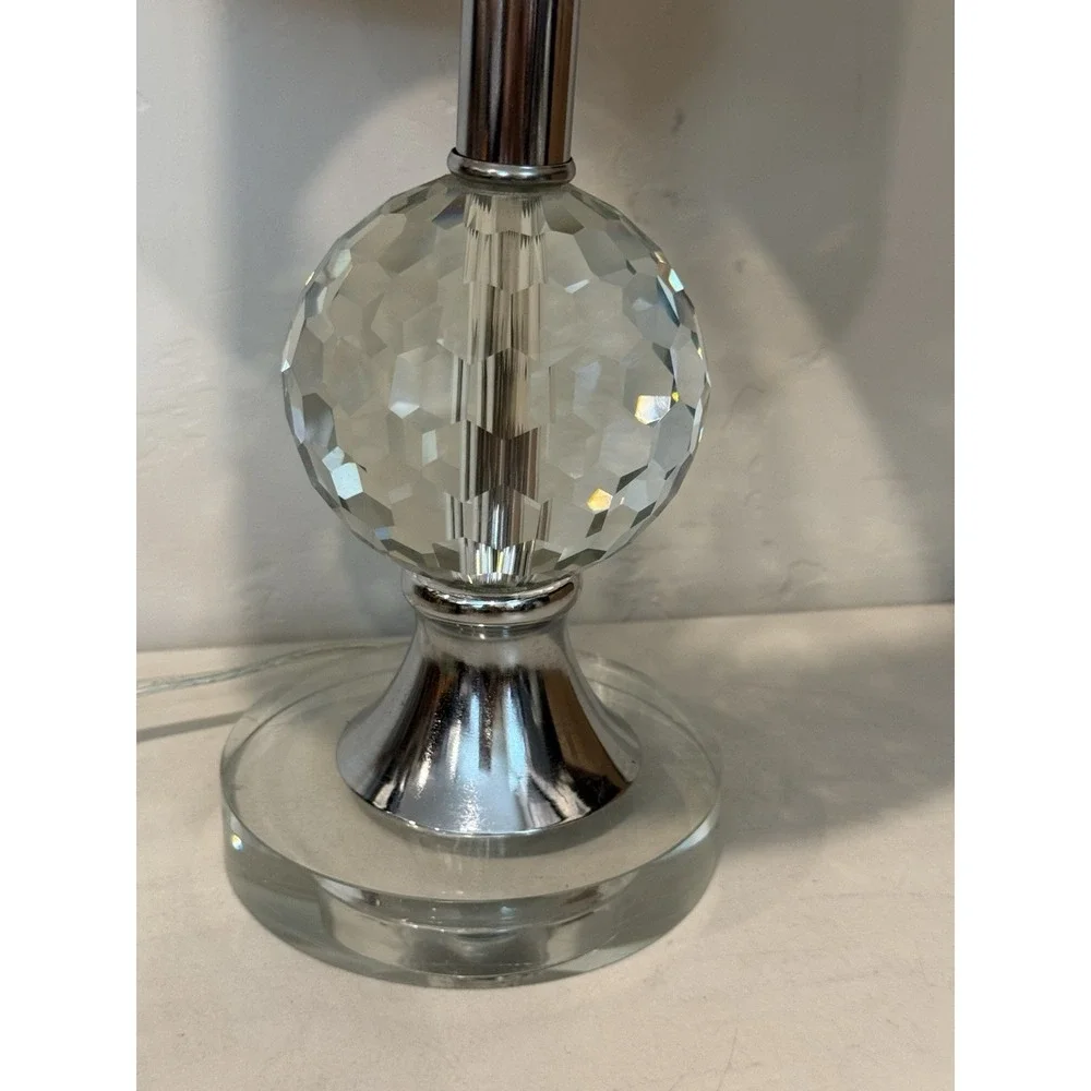 Faceted Crystal Orb Chrome Lucite Table Lamp Drum Shade Accent Bedside Light